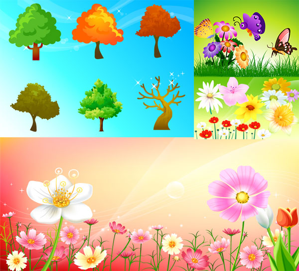 cartoon trees and flowers. Butterfly trees and flowers