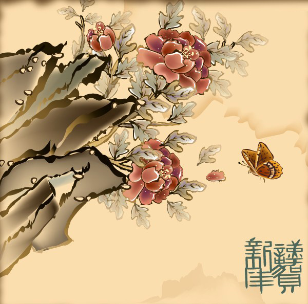 蝶恋花吉祥年画矢量素材