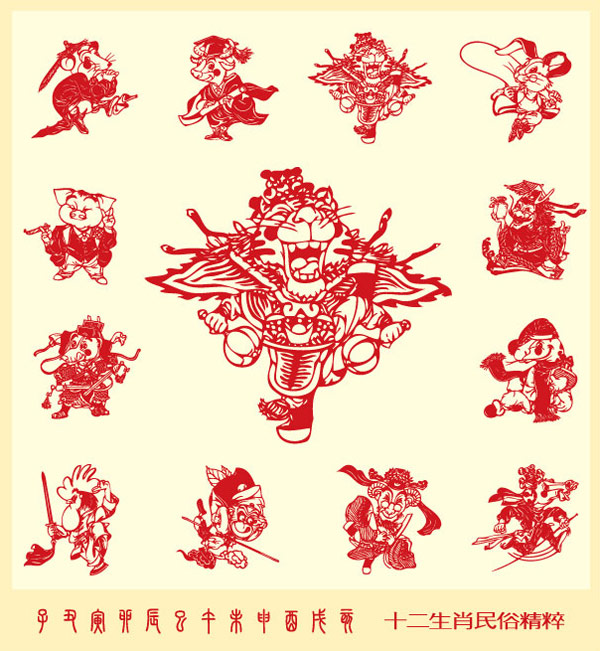剪纸风格京剧12生肖矢量素材