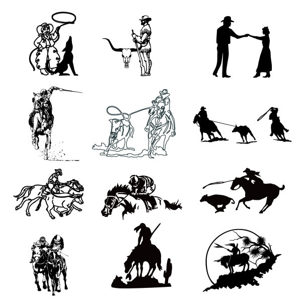 黑白画西部牛仔系列一 矢量素材